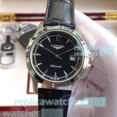 High-end Copy Longines Black Dial Black Leather Strap Watch